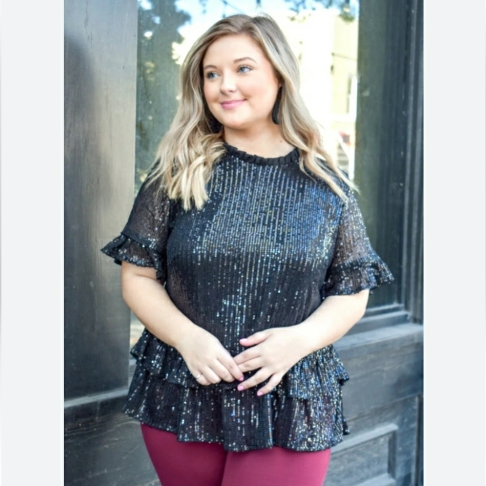 MIDNIGHT TOASTS SEQUIN TOP - BLACK New - Picture 2 of 8